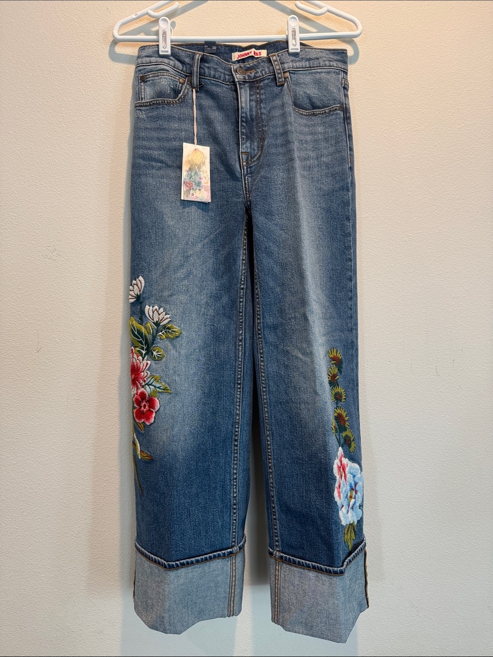 Johnny Was Blue Embroidered Wide-Leg Jeans